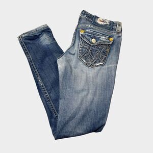 MEK Denim Oaxaca Cigarette Jeans Womens 27x32 Distressed Blue Embroidered Y2K